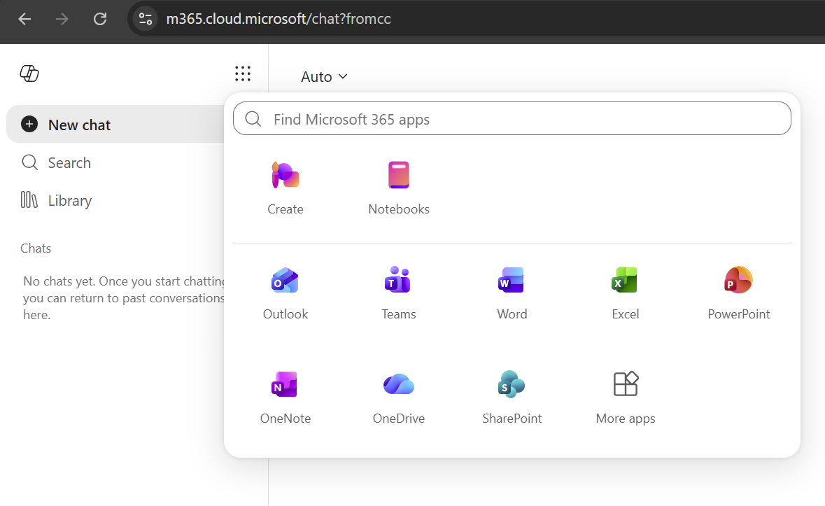 The waffle menu — Outlook is here, along with Word, Excel, Teams and the rest.